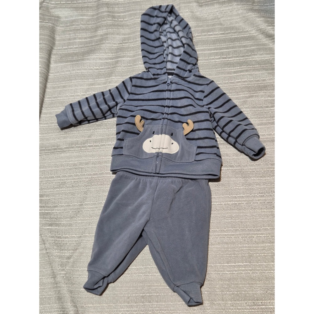 Carters Just One You Baby Boys 3M Gray Blue Moose Stripe Fleece Hoodie Pant Set